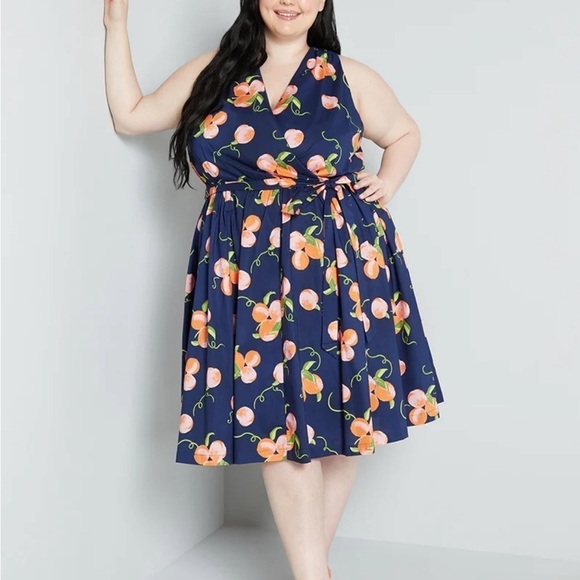 NWT Era by ModCloth navy sweet peaches Instant Energy Faux-Wrap dress 0 summer - Picture 1 of 7